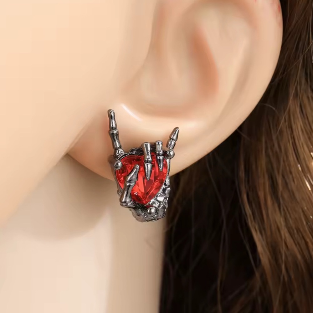 Black Gun Metal Rhodium Skeleton Hands Heart Necklace & Earrings Halloween Goth - Picture 5 of 12